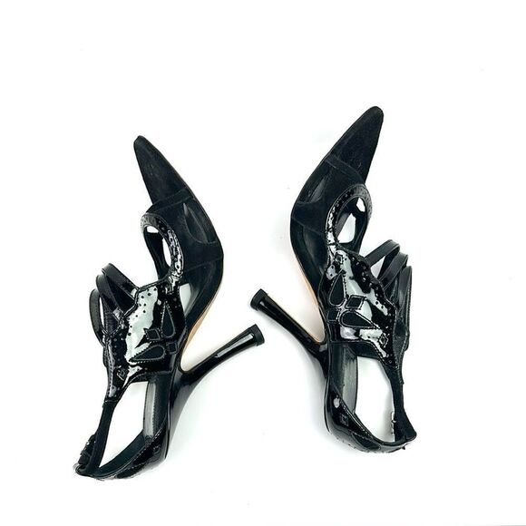 CHRISTIAN DIOR Black Patent Leather Suede Strappy Heels Pumps Sandals 37,5 US5,5 - Picture 5 of 16